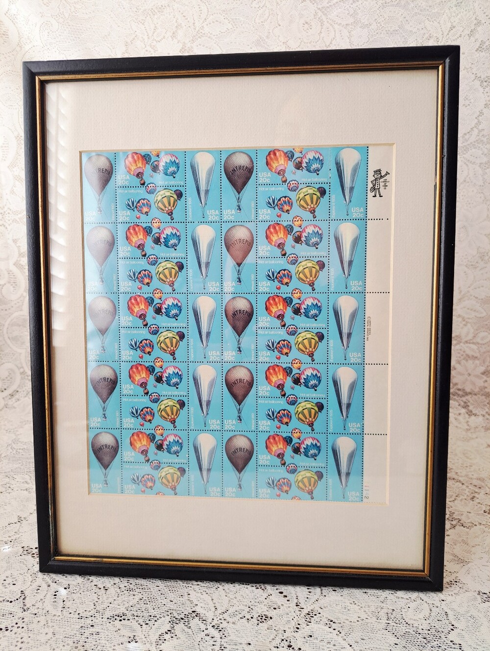 Vintage Framed 1983 US Hot Air Ballooning Stamp Sheet Art - Retro Home Decor
